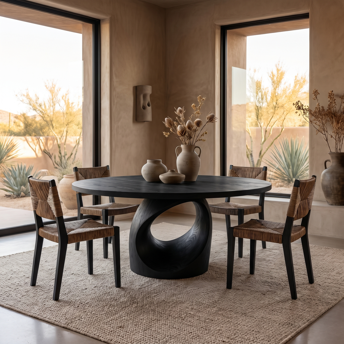 Aelivella Round Sculpted Loop Base Handcrafted Round Dining Table by Timberustic — Black finish