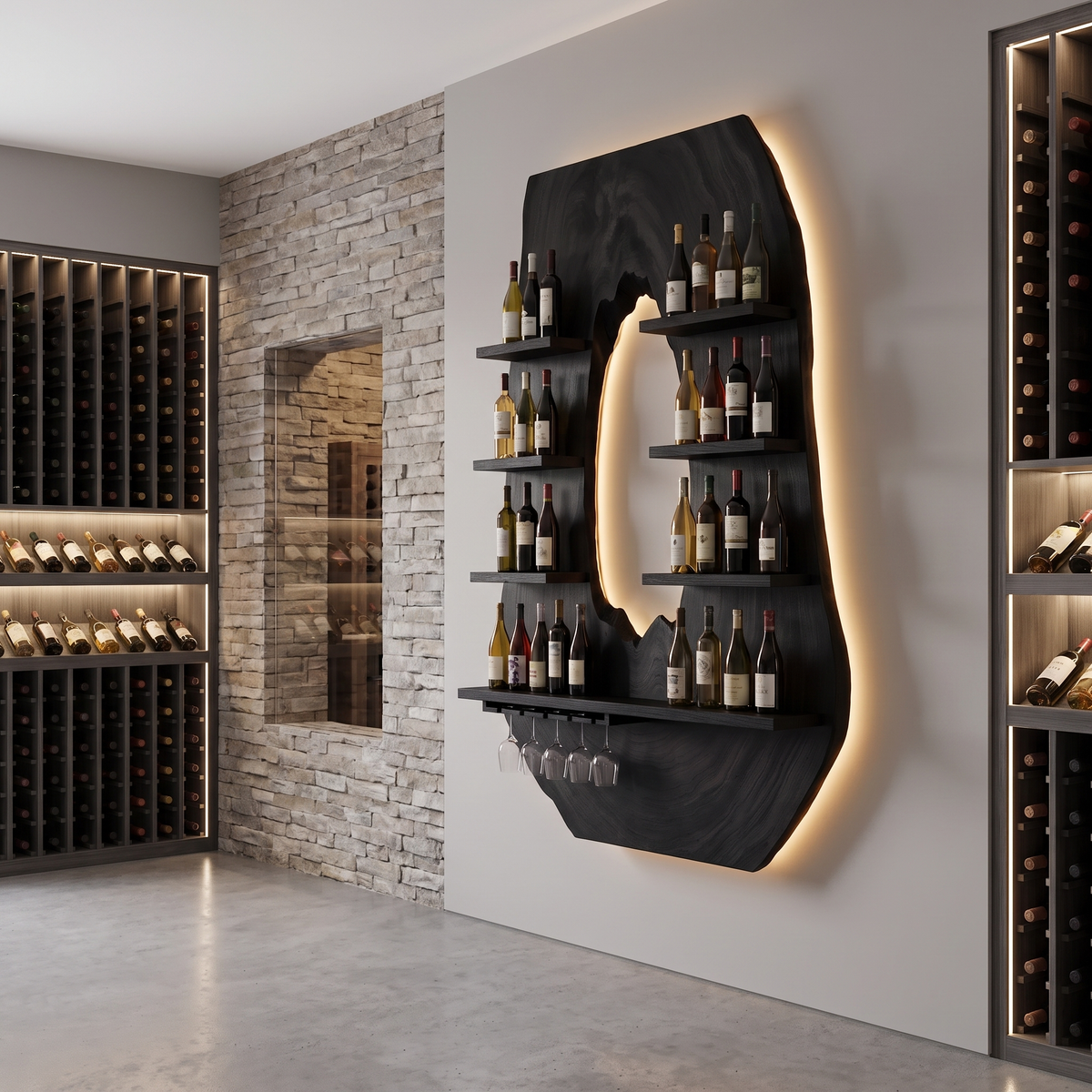 Aurevano Arched Live Edge Handcrafted Floating Wine Shelf by Timberustic — Black finish