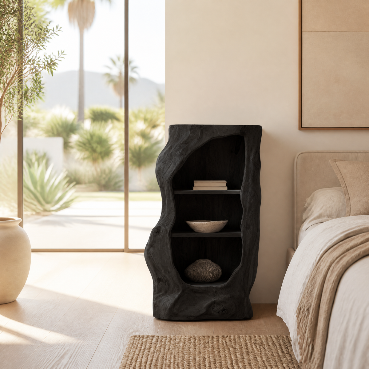 Avenlo Asymmetrical Sculpted Handcrafted Nightstand by Timberustic — Black finish