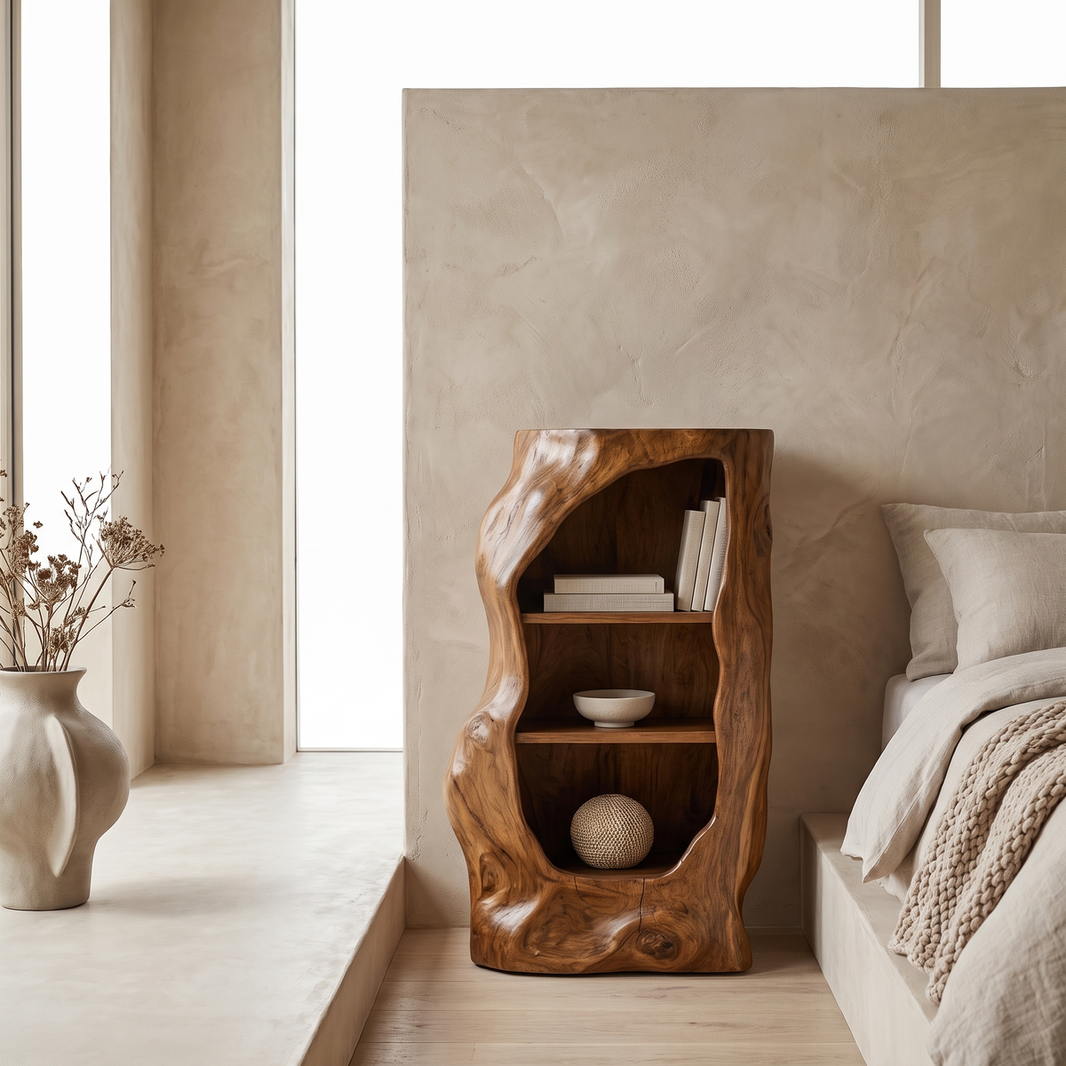 Avenlo Asymmetrical Sculpted Handcrafted Nightstand by Timberustic — Brown finish