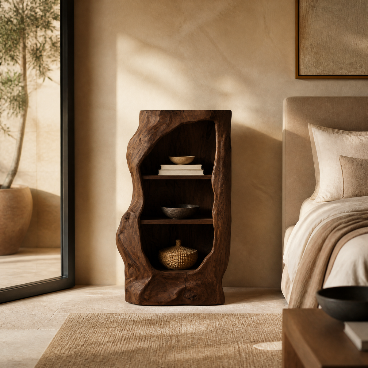 Avenlo Asymmetrical Sculpted Handcrafted Nightstand by Timberustic — Dark Walnut finish