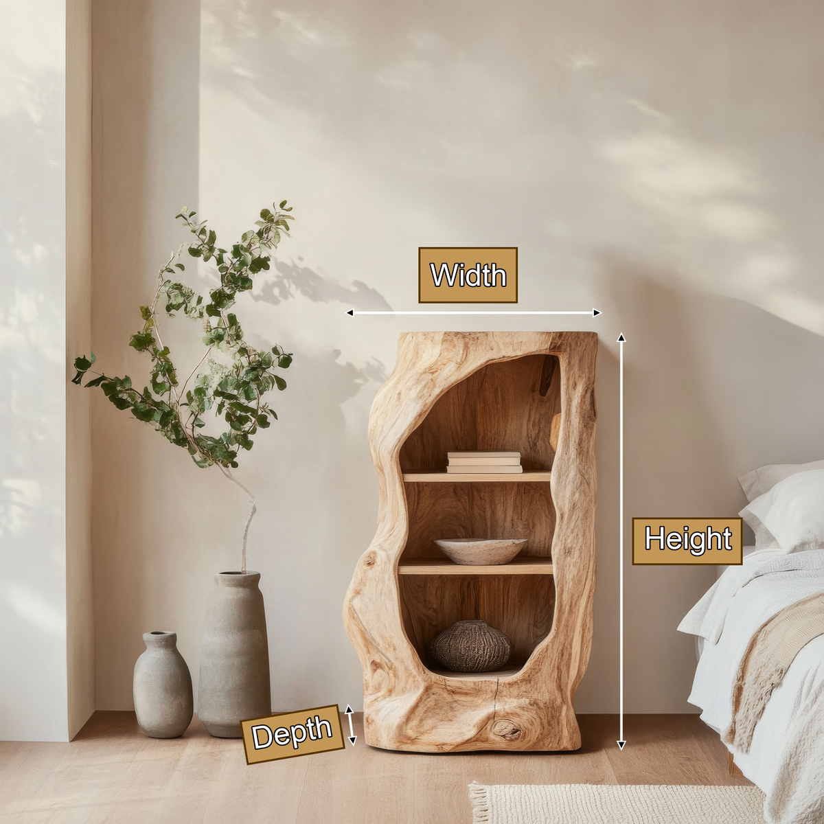 Avenlo Asymmetrical Sculpted Handcrafted Nightstand by Timberustic — product dimensions
