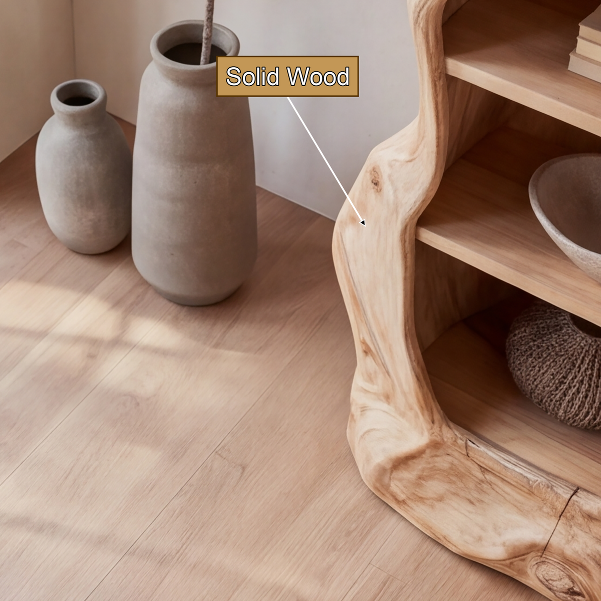 Avenlo Asymmetrical Sculpted Handcrafted Nightstand by Timberustic — solid wood detail