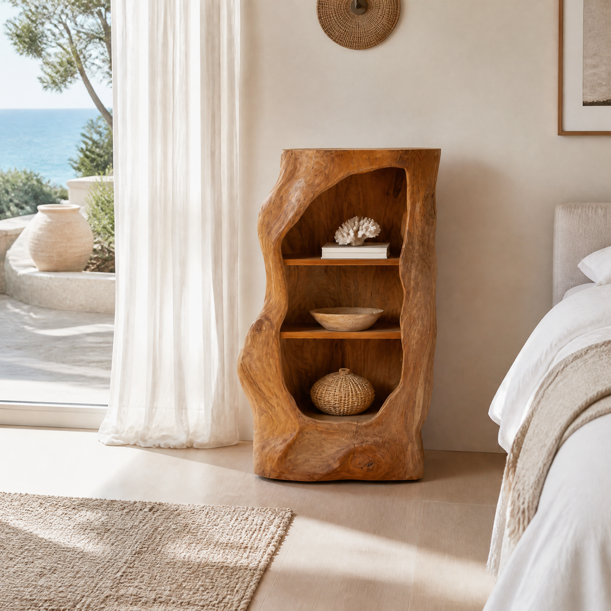Avenlo Asymmetrical Sculpted Handcrafted Nightstand by Timberustic — Teak finish