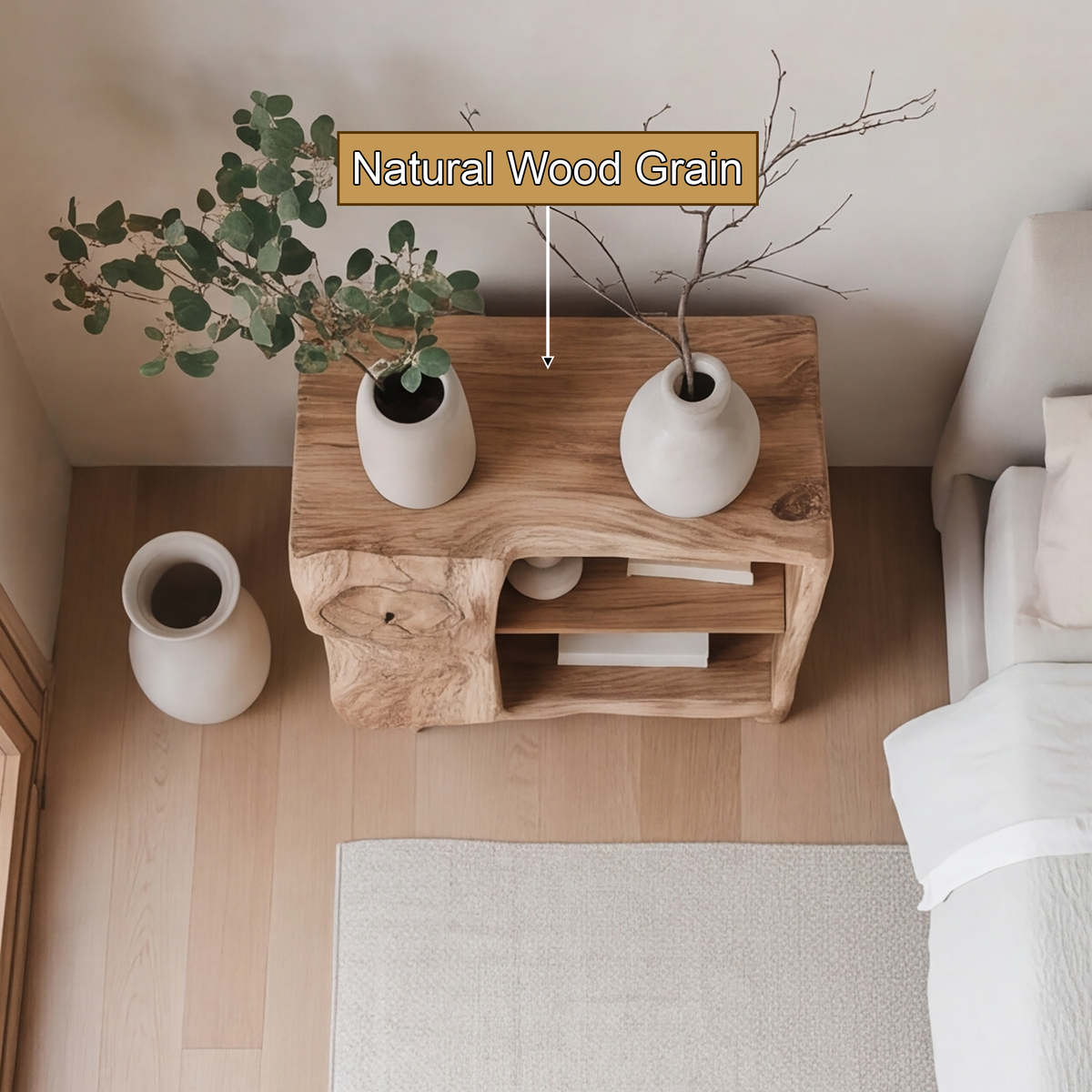 Averlo Asymmetric Open-Shelf Handcrafted Nightstand by Timberustic — natural wood grain detail