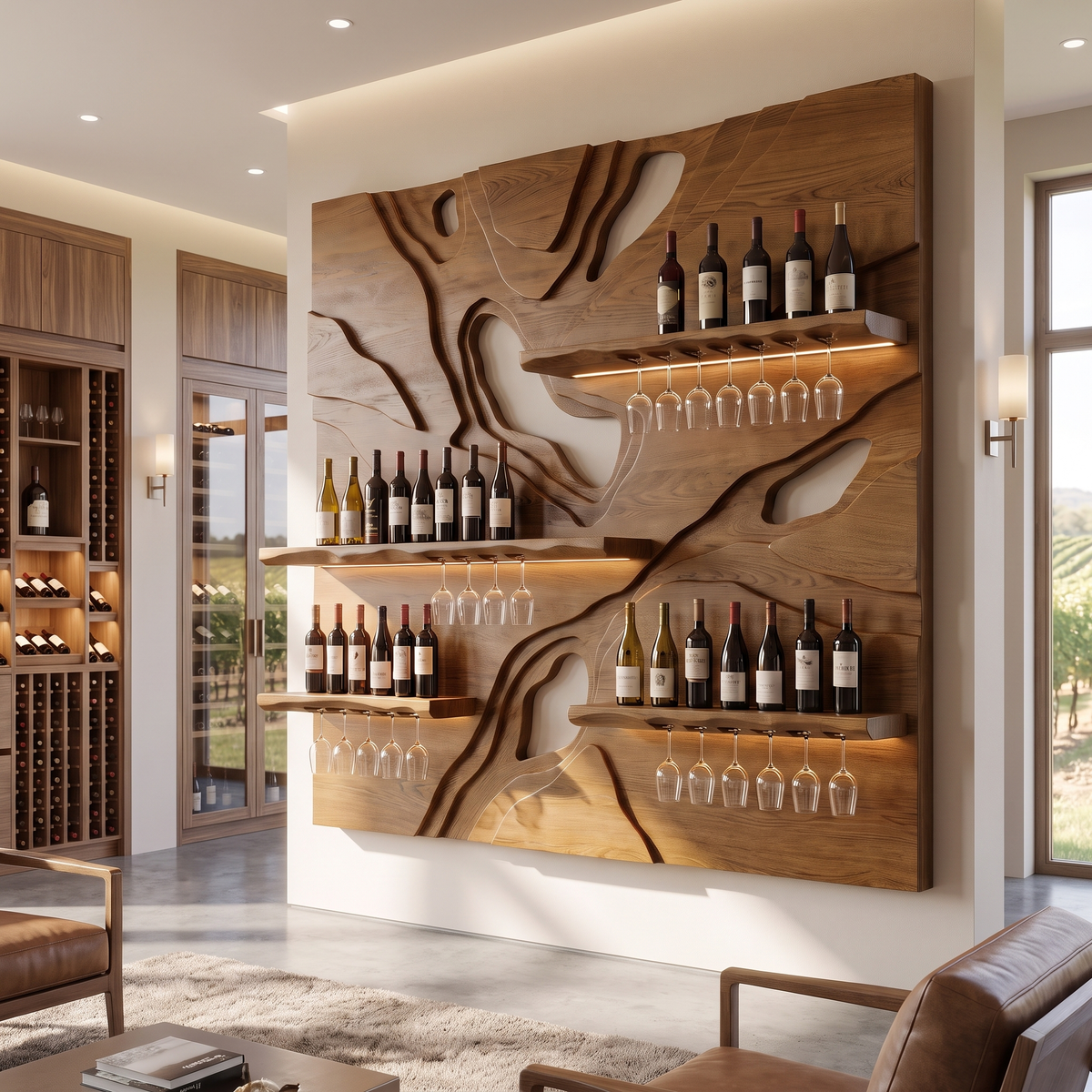 Averune Sculpted Relief-Panel Handcrafted Floating Wine Shelf by Timberustic — Brown finish