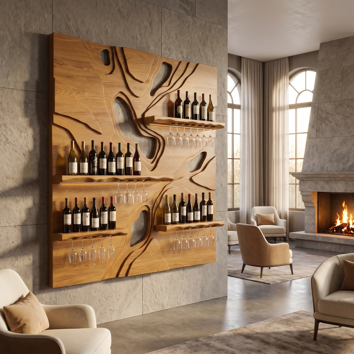 Averune Sculpted Relief-Panel Handcrafted Floating Wine Shelf by Timberustic — Teak finish