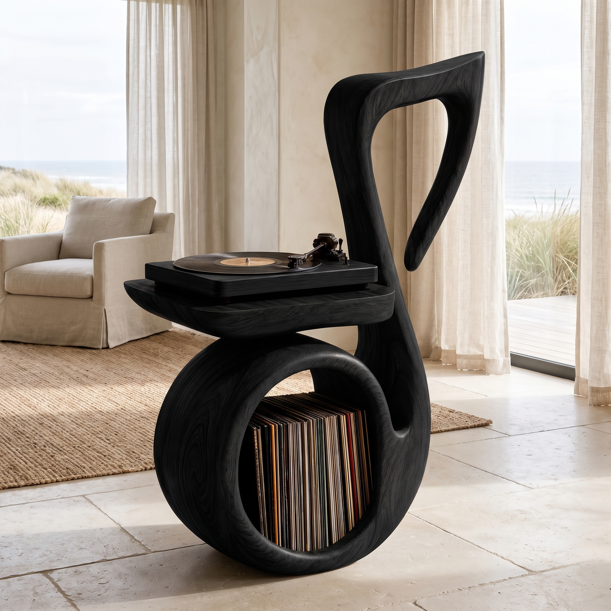 Cadenzia Musical Note Sculpted Handcrafted Record Player Stand With Storage Black - Timberustic Record Player Stand With Storage