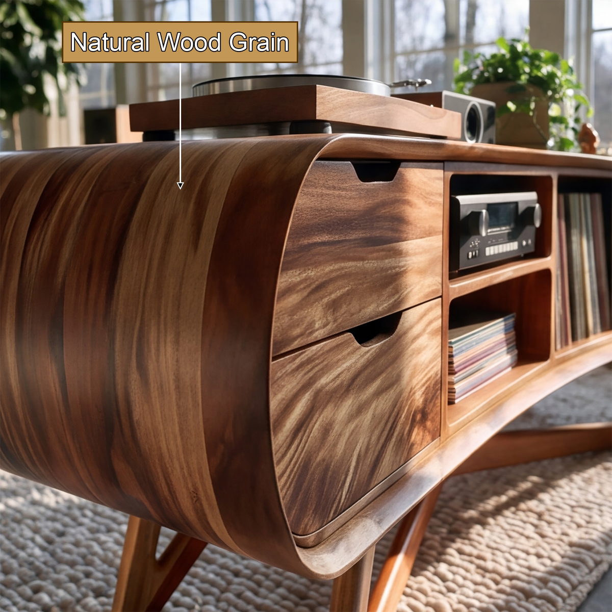 Cadovra Rounded Sculpted Handcrafted Record Player Stand With Storage - Timberustic Record Player Stand With Storage