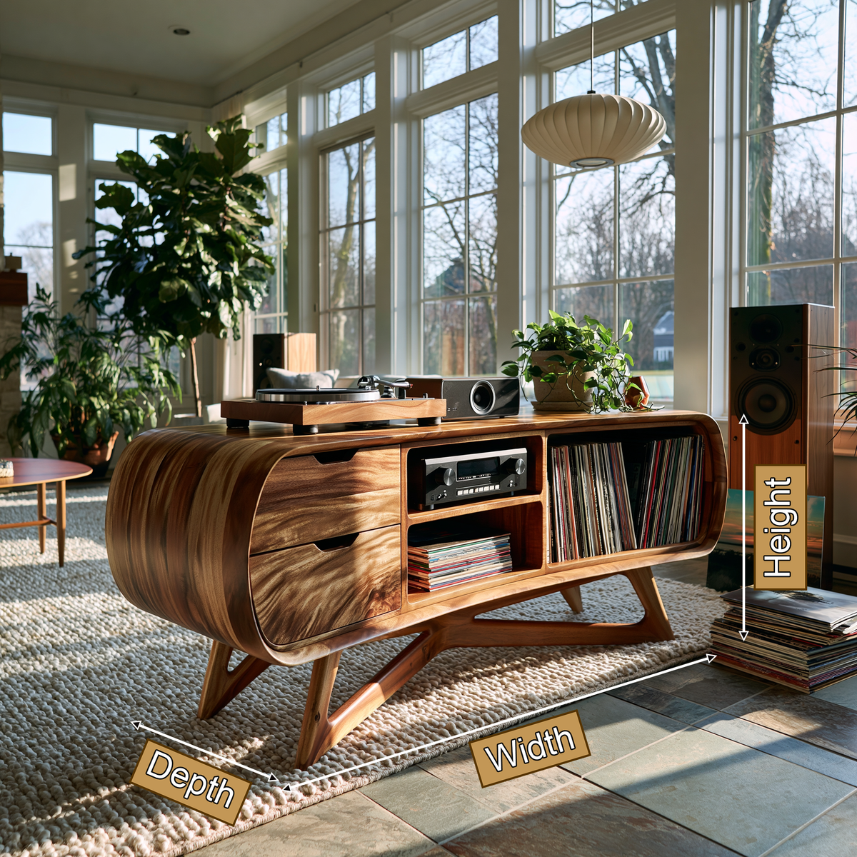 Cadovra Rounded Sculpted Handcrafted Record Player Stand With Storage - Timberustic Record Player Stand With Storage