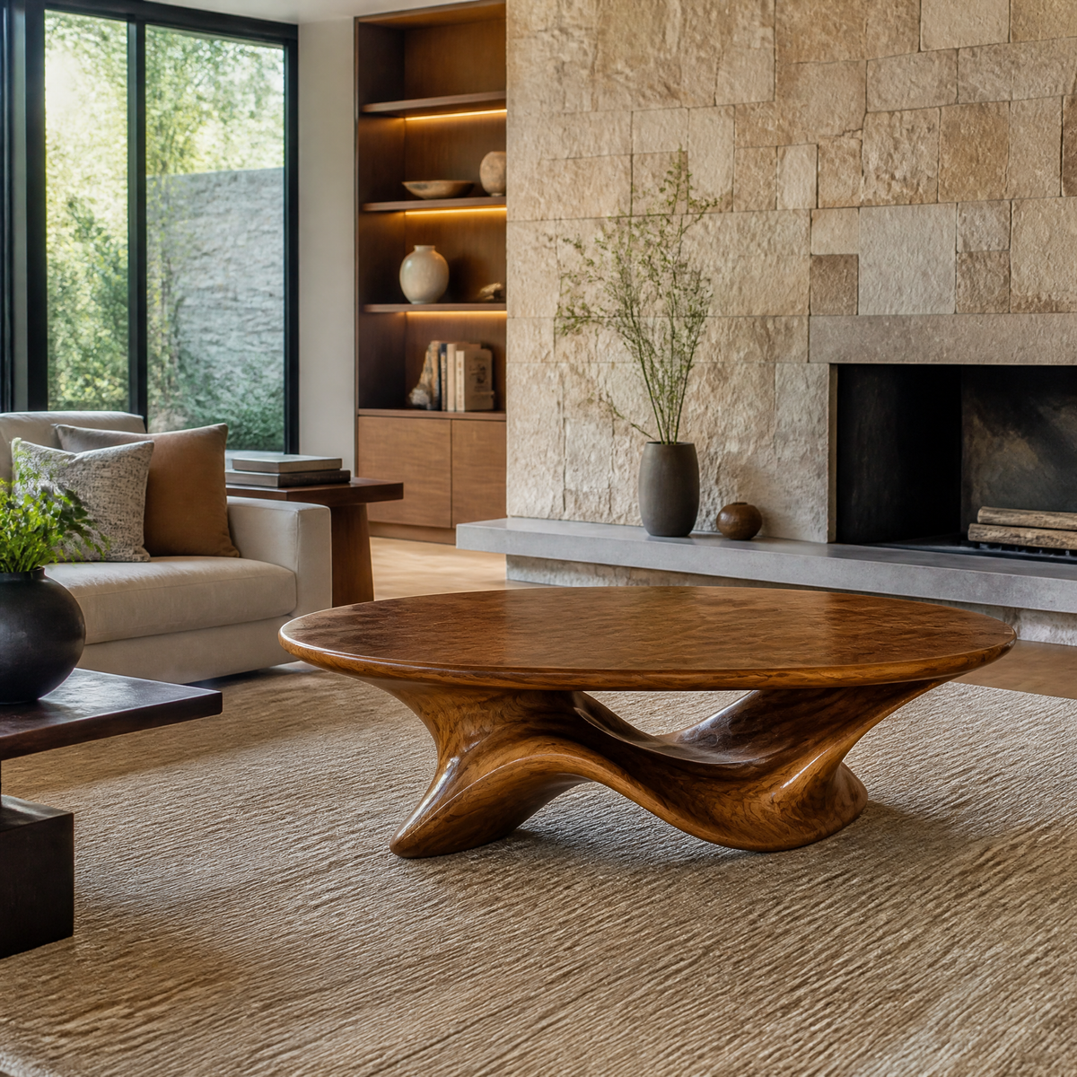 Caelivra Sculpted Handcrafted Round Coffee Table Brown - Timberustic Coffee Table