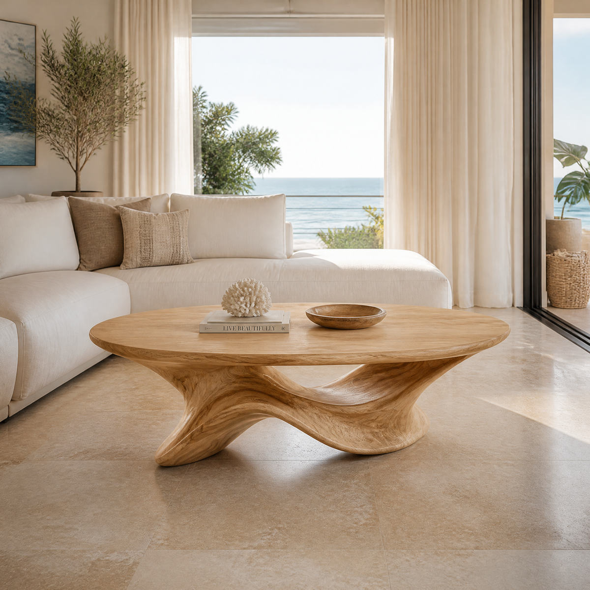 Caelivra Sculpted Handcrafted Round Coffee Table Natural Oak - Timberustic Coffee Table