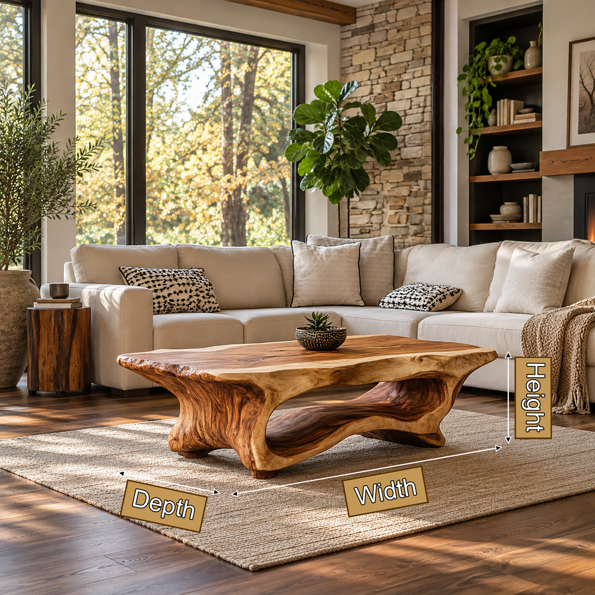 Caelora Live Edge Sculpted Coffee Table by Timberustic — product dimensions
