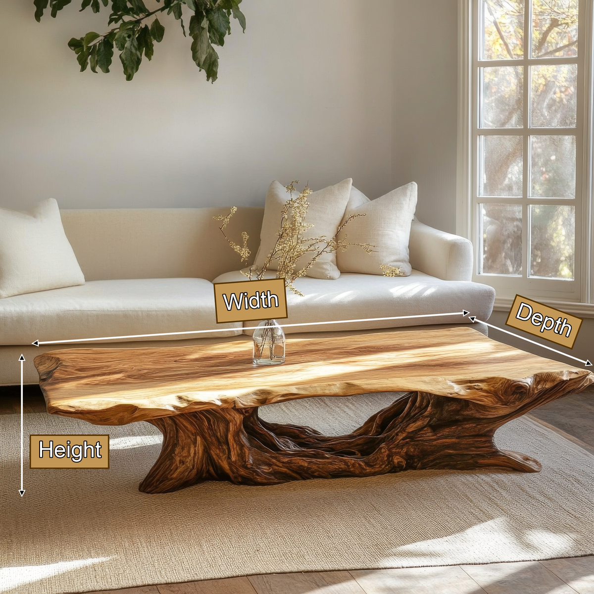Caelvora Live Edge Sculpted Coffee Table by Timberustic — product dimensions