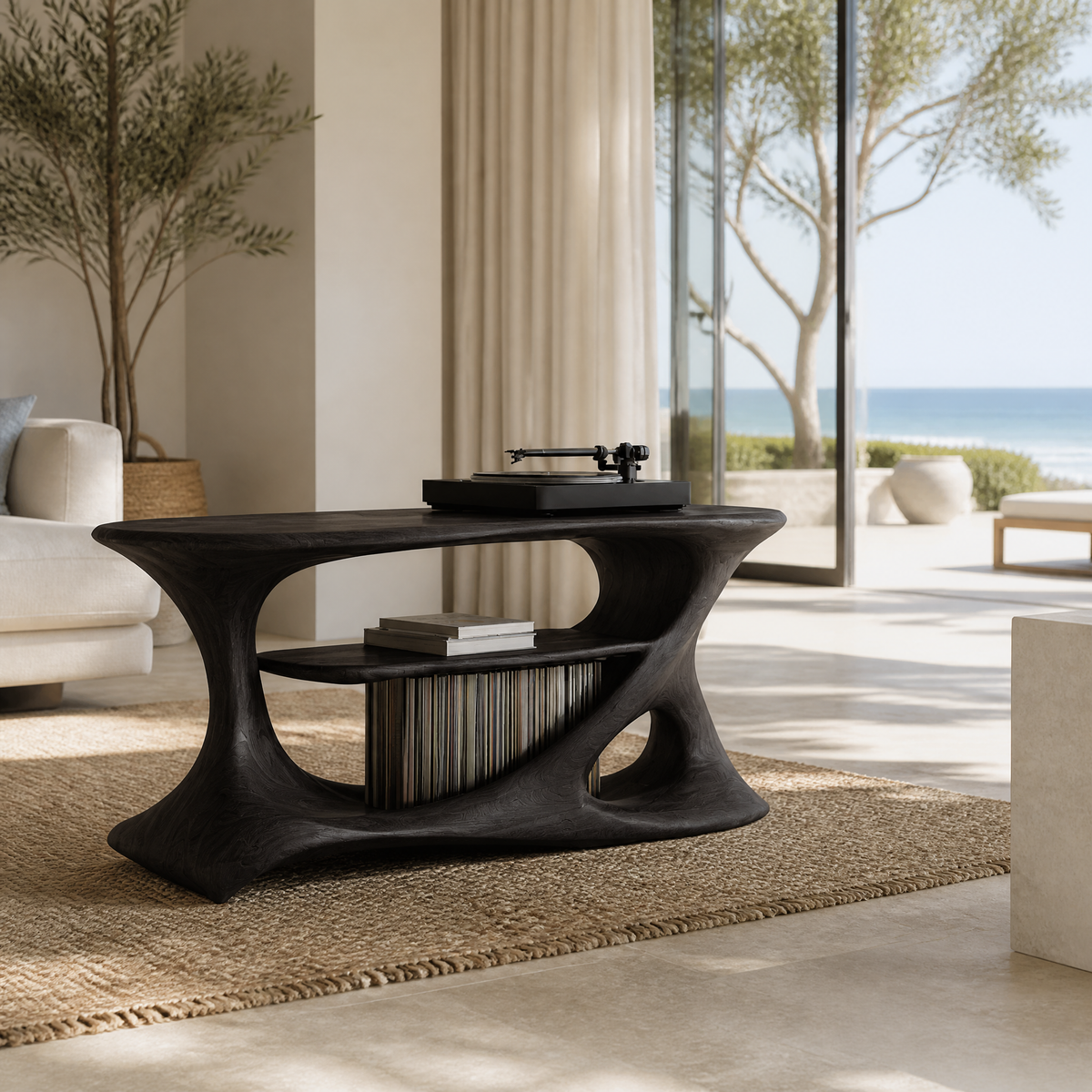 Caevorin Flowing Sculpted Handcrafted Record Player Stand With Storage Black - Timberustic Record Player Stand With Storage