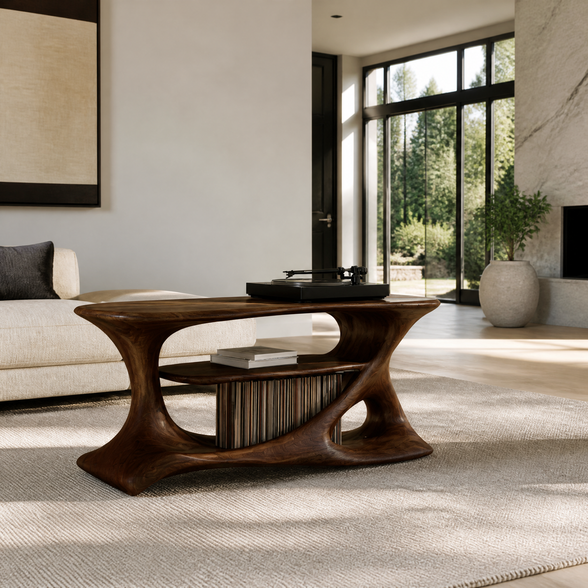 Caevorin Flowing Sculpted Handcrafted Record Player Stand With Storage Dark Walnut - Timberustic Record Player Stand With Storage