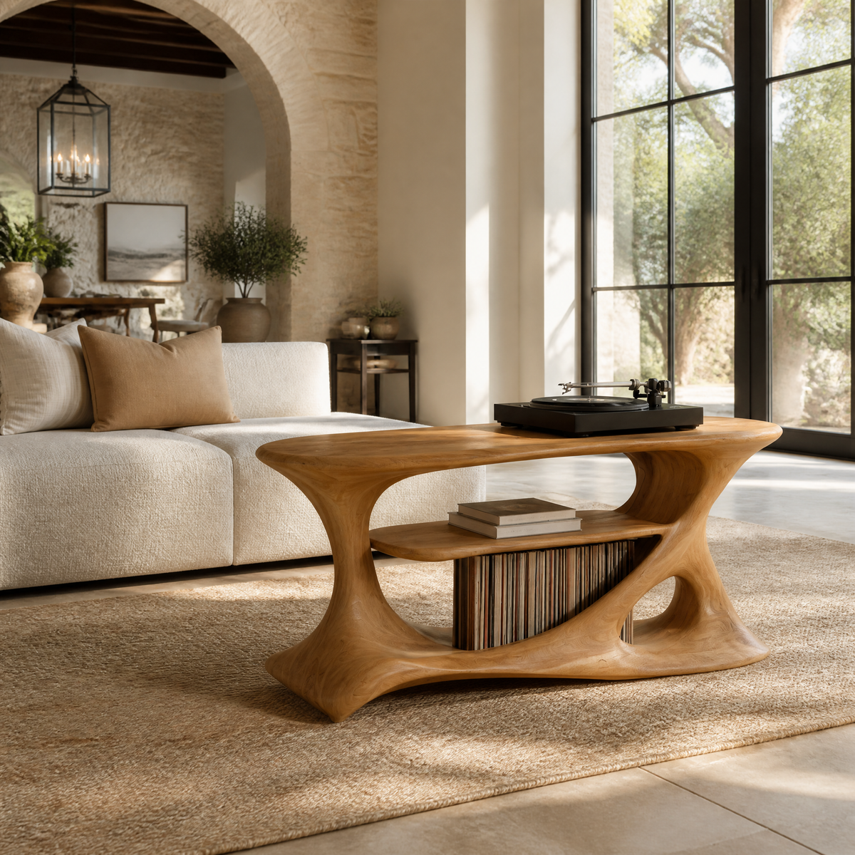 Caevorin Flowing Sculpted Handcrafted Record Player Stand With Storage Teak - Timberustic Record Player Stand With Storage