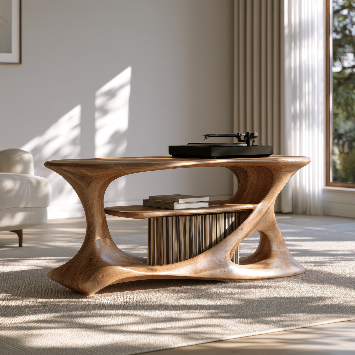 Caevorin Flowing Sculpted Handcrafted Record Player Stand With Storage - Timberustic Record Player Stand With Storage