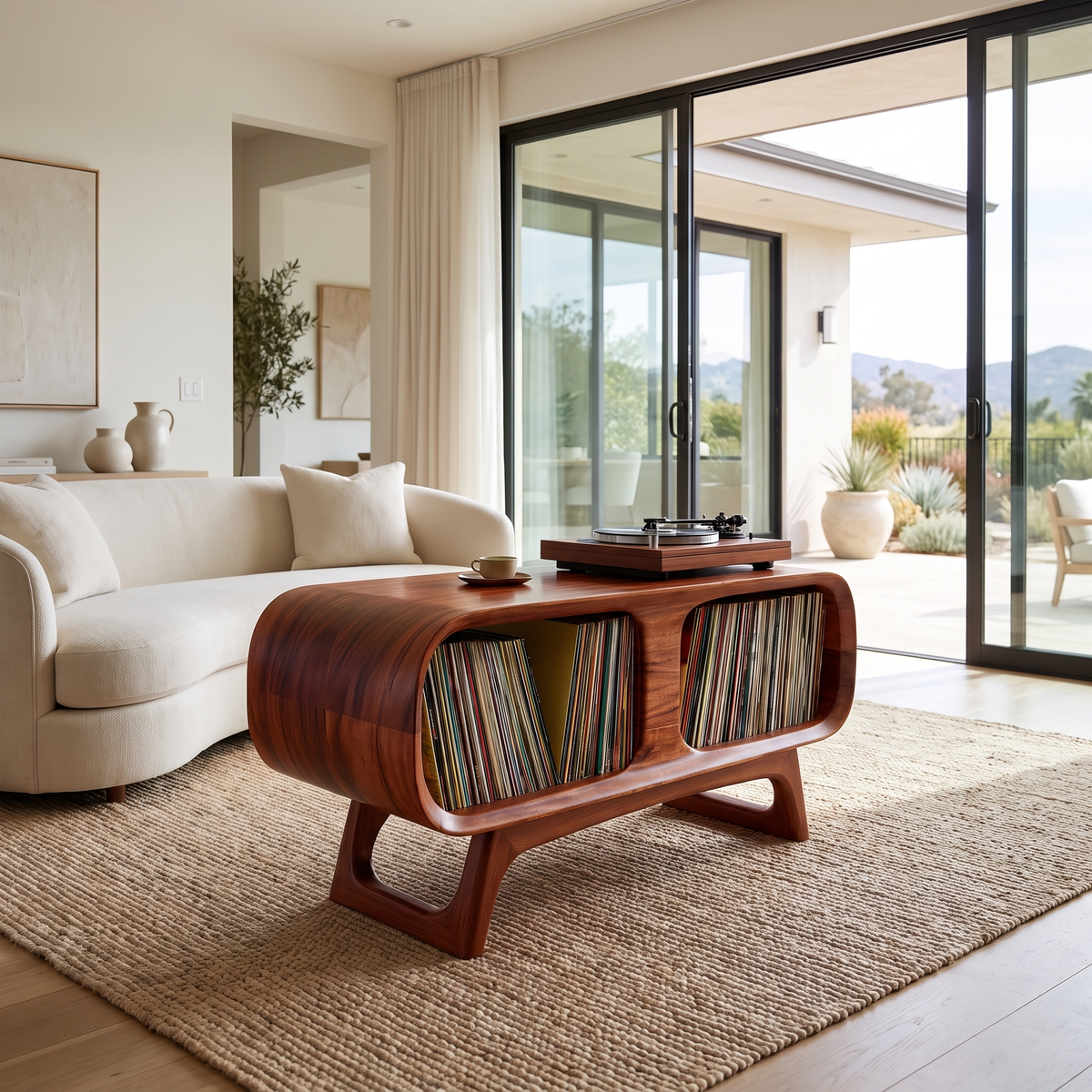 Caldova Sculpted Rounded Frame Handcrafted Record Player Stand With Storage Mahogany - Timberustic Record Player Stand With Storage