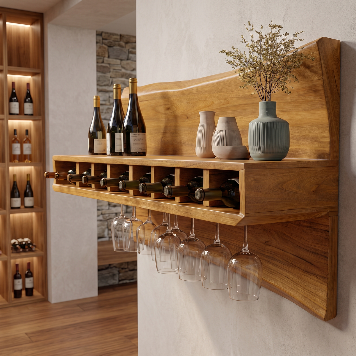 Caskora Live Edge Floating Wine Shelf by Timberustic — Teak finish