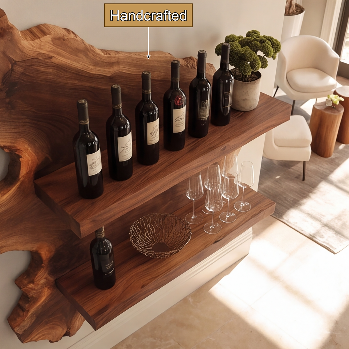 Cavoren Live Edge Handcrafted Floating Wine Shelf by Timberustic — handcrafted details