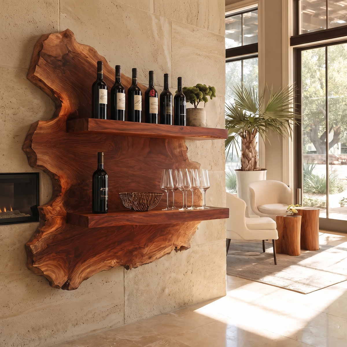 Cavoren Live Edge Handcrafted Floating Wine Shelf by Timberustic — Mahogany finish