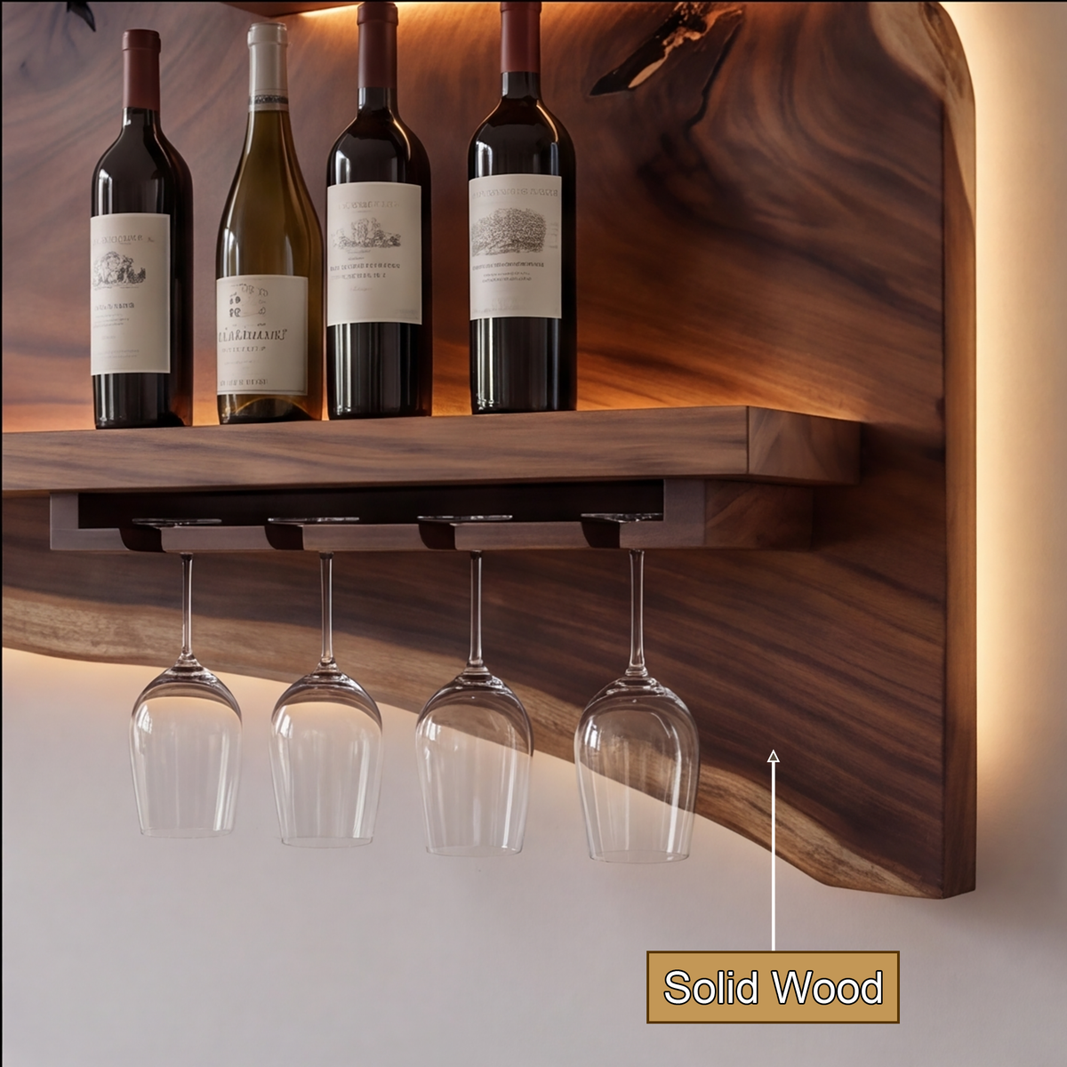 Cendralis Live Edge Handcrafted Floating Wine Shelf by Timberustic — solid wood detail