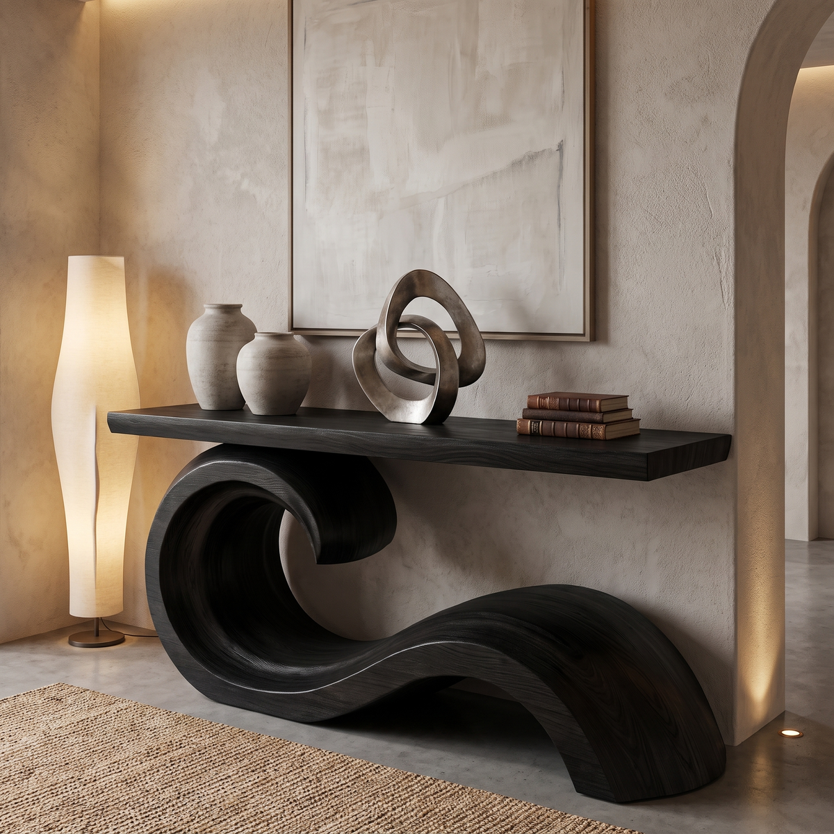 Corvella Sculpted Wave Handcrafted Console Table by Timberustic — Black finish