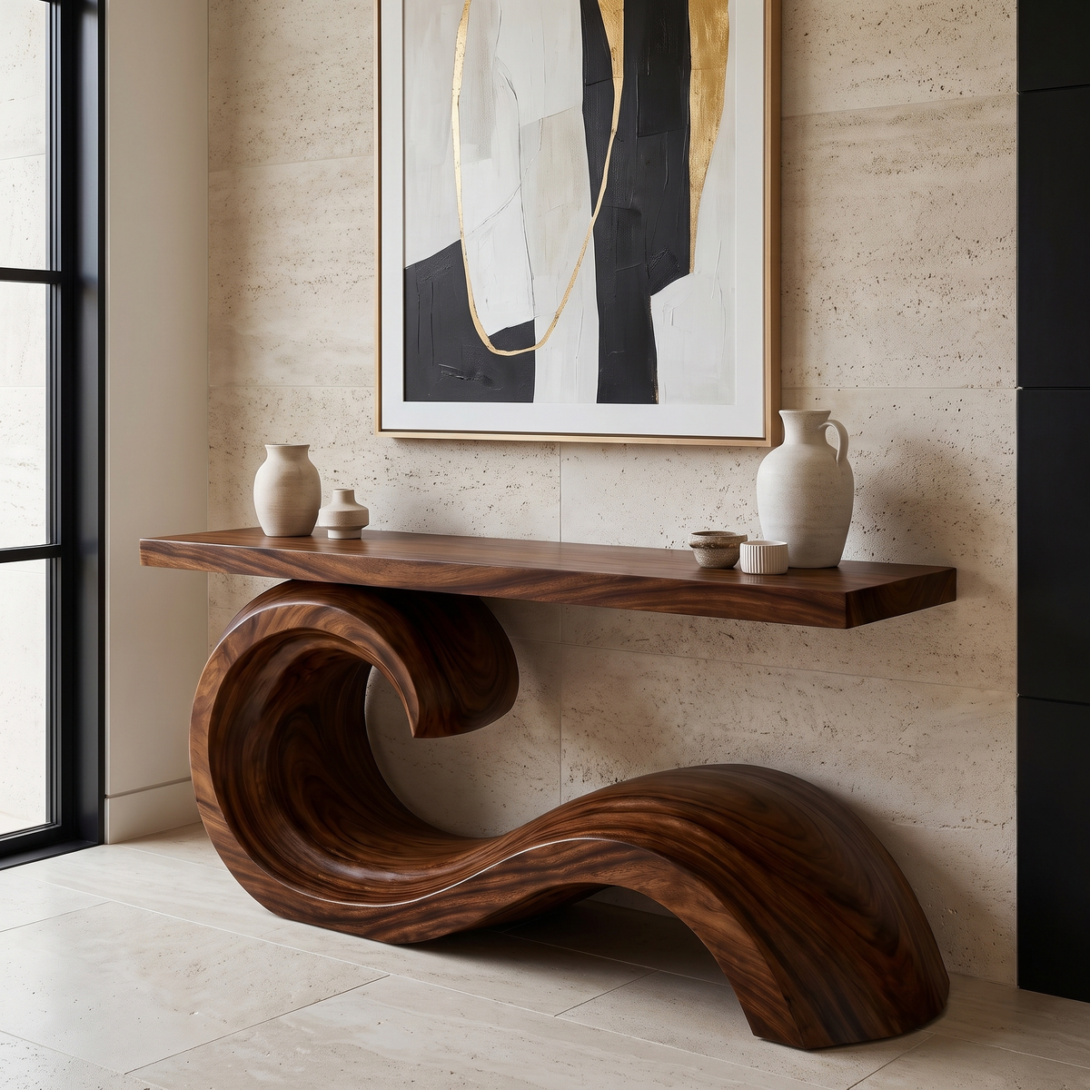Corvella Sculpted Wave Handcrafted Console Table by Timberustic — Dark Walnut finish