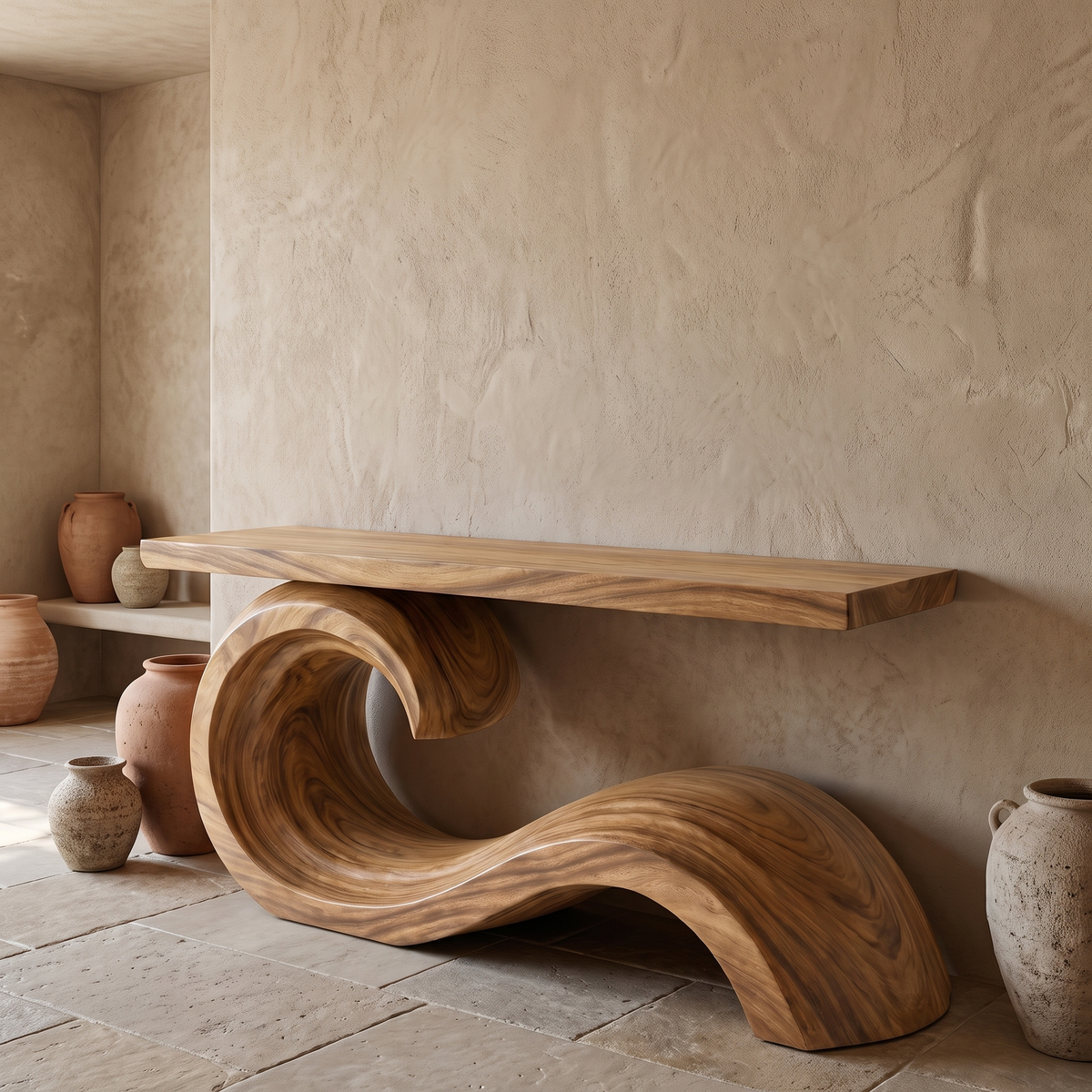 Corvella Sculpted Wave Handcrafted Console Table by Timberustic — Natural Oak finish