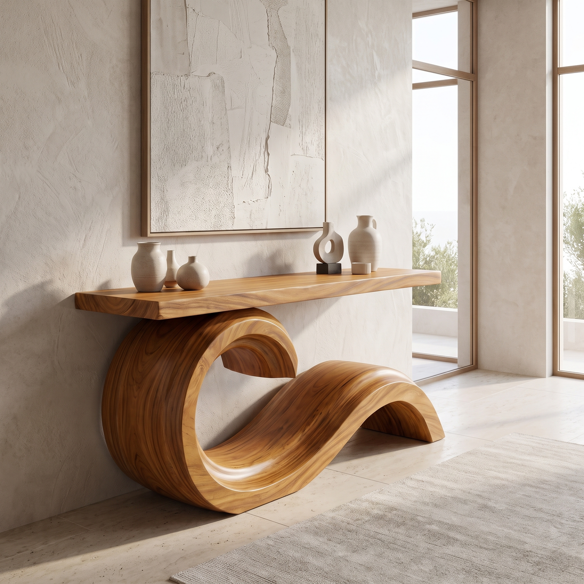 Corvella Sculpted Wave Handcrafted Console Table by Timberustic — Teak finish