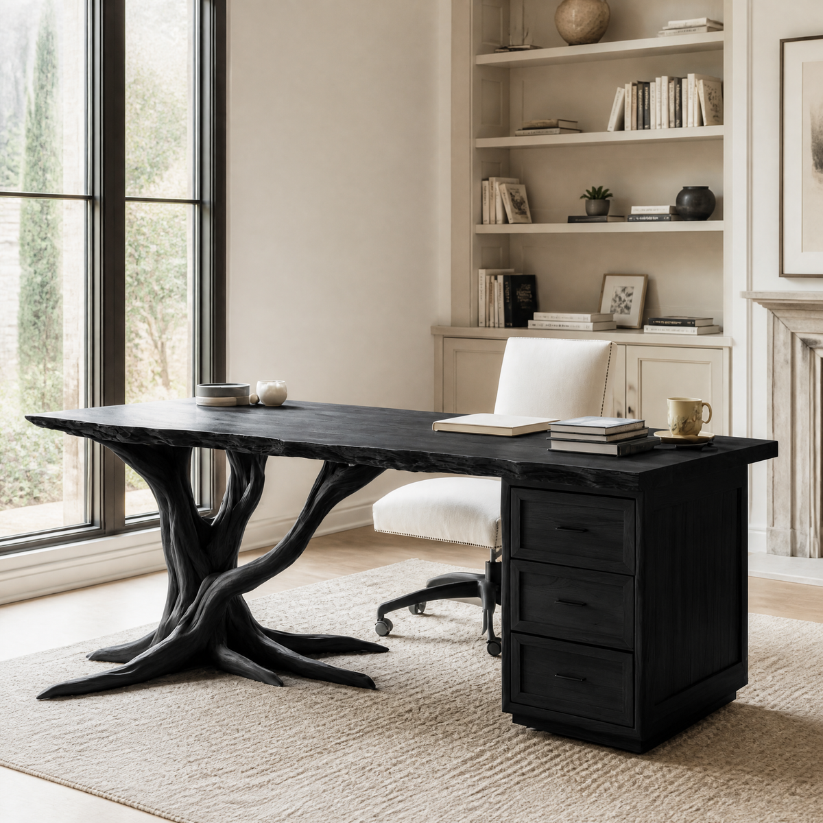 Dendrava Tree Base Sculpted Handcrafted Desk With Drawers by Timberustic — Black finish