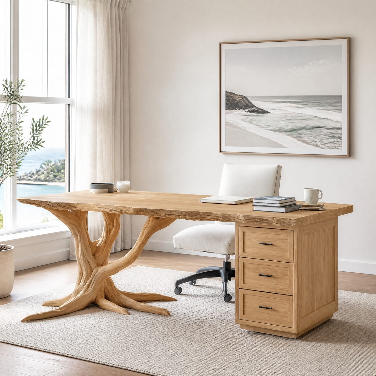 Dendrava Tree Base Sculpted Handcrafted Desk With Drawers by Timberustic — Natural Oak finish