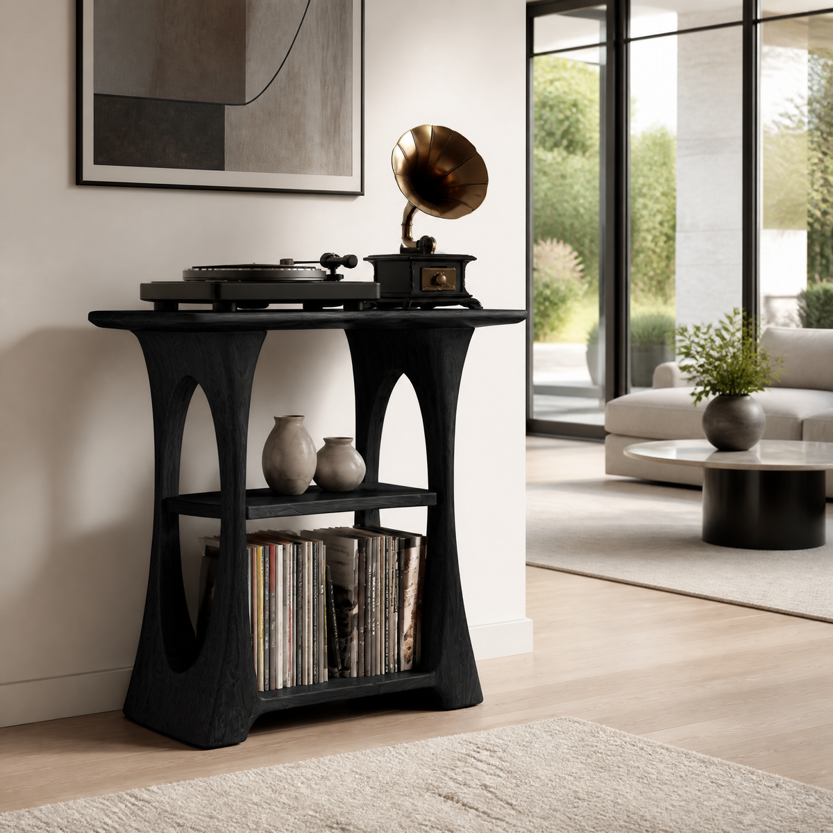 Elarvo Arched Sculpted Handcrafted Record Player Stand With Storage Black - Timberustic Record Player Stand With Storage