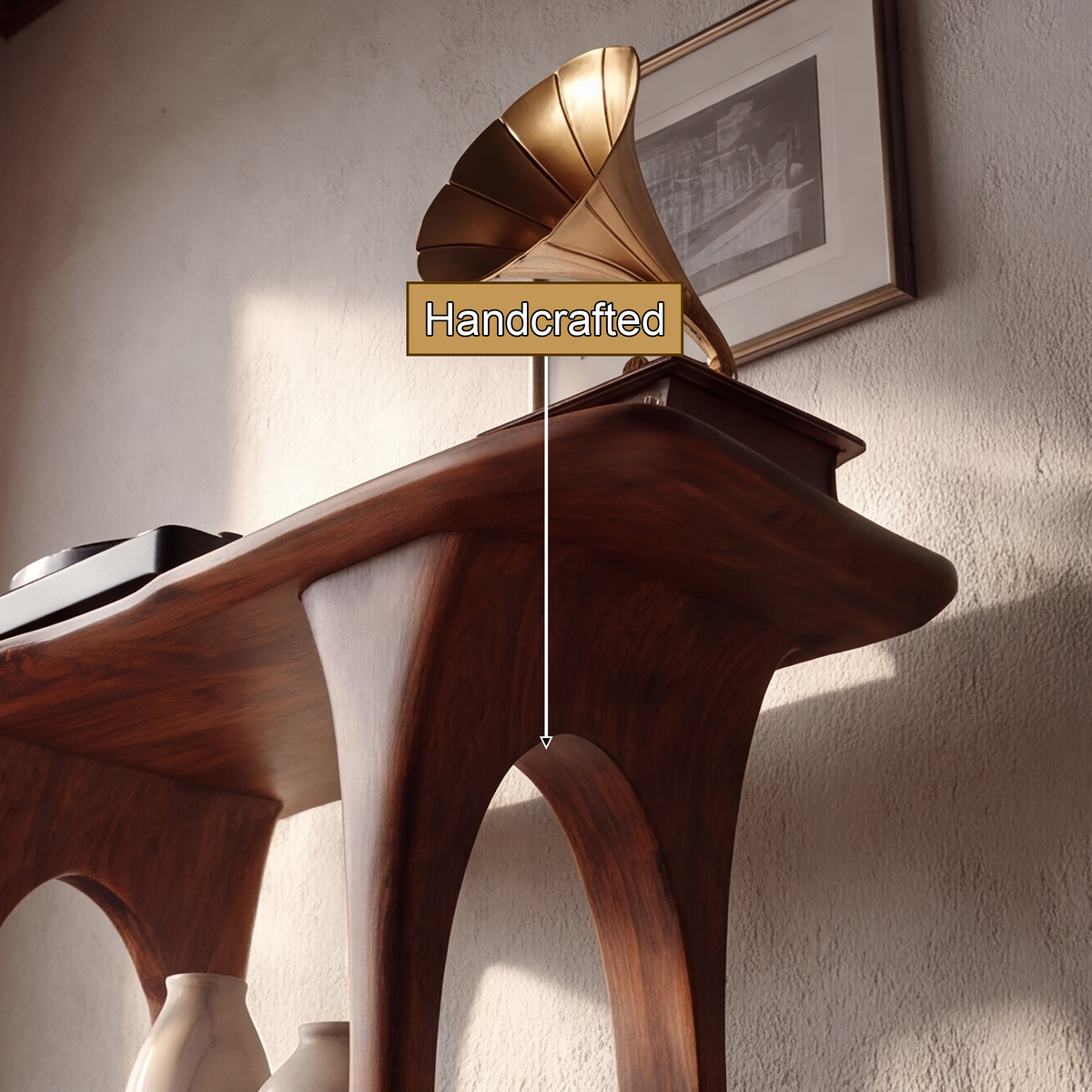 Elarvo Arched Sculpted Handcrafted Record Player Stand With Storage - Timberustic Record Player Stand With Storage