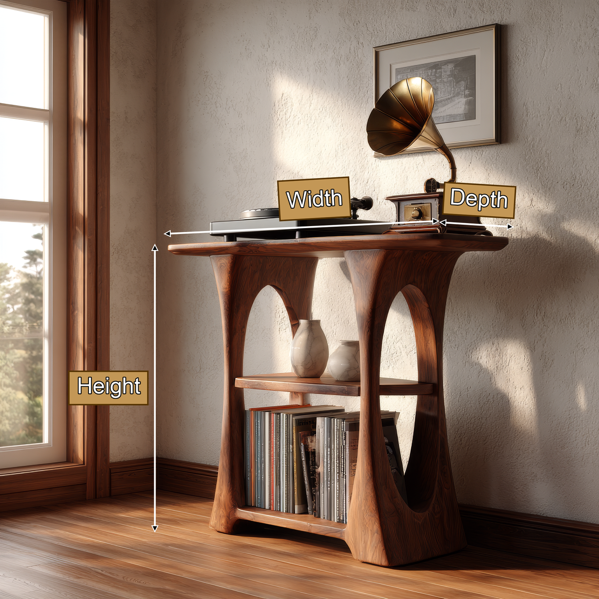 Elarvo Arched Sculpted Handcrafted Record Player Stand With Storage - Timberustic Record Player Stand With Storage