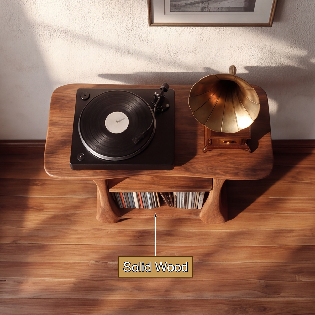 Elarvo Arched Sculpted Handcrafted Record Player Stand With Storage - Timberustic Record Player Stand With Storage