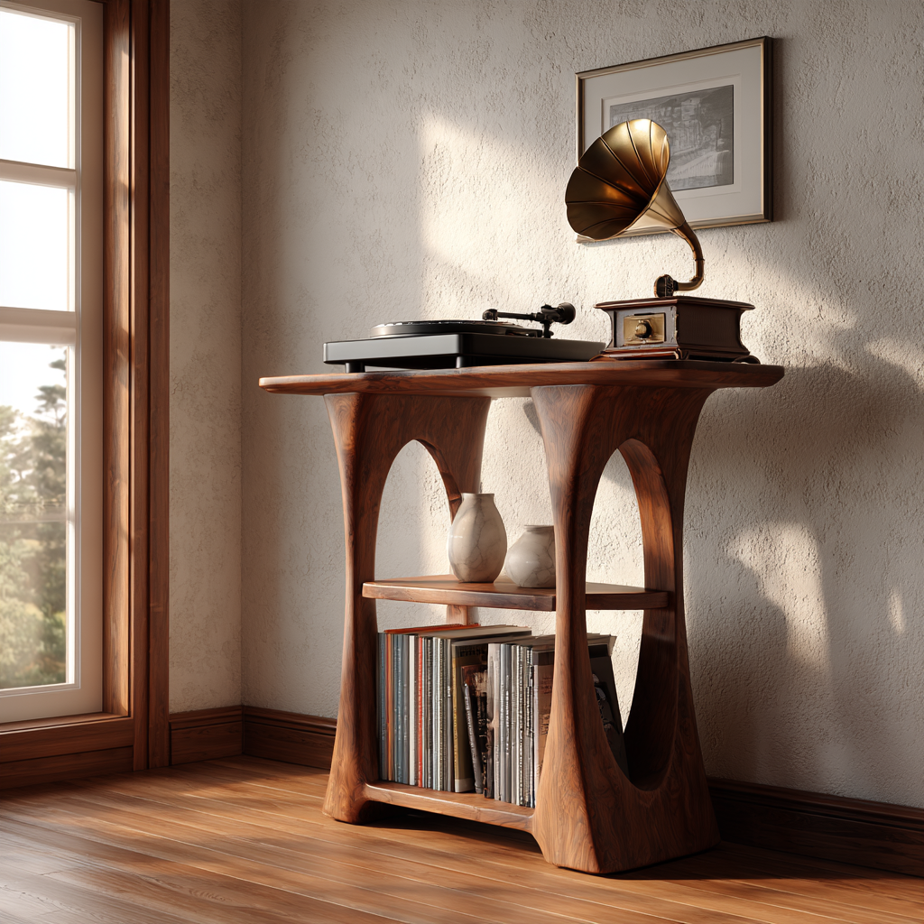 Elarvo Arched Sculpted Handcrafted Record Player Stand With Storage - Timberustic Record Player Stand With Storage