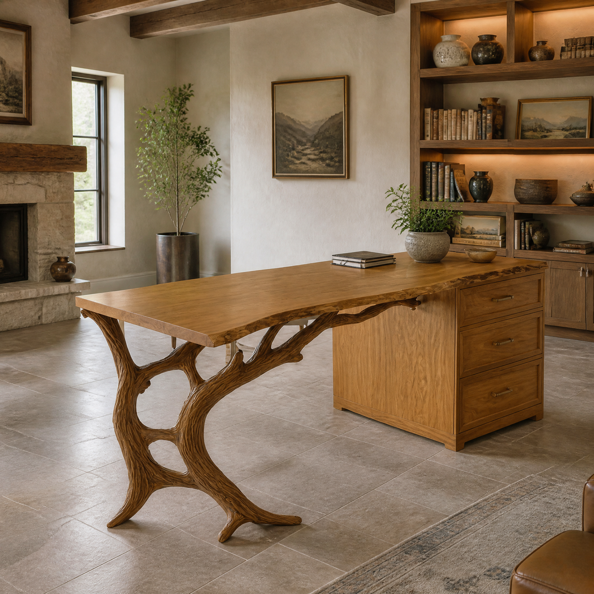 Eldervane Live Edge Branch Base Handcrafted Desk with Drawers Teak - Timberustic Desk With Drawers