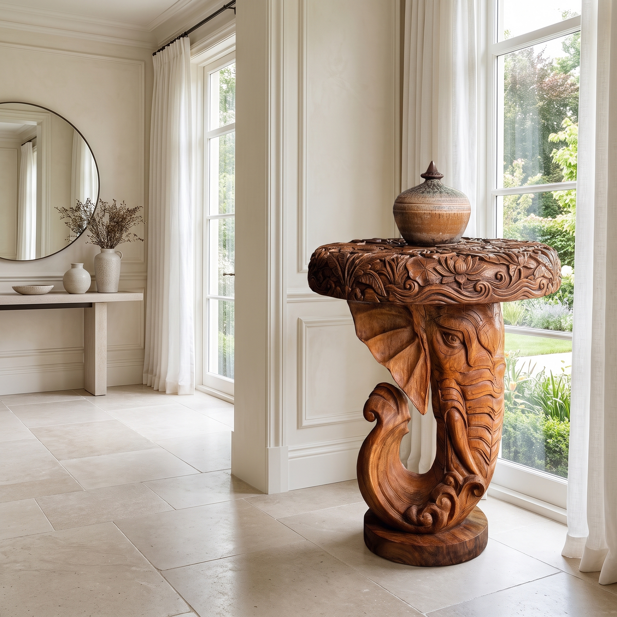 Elovara Sculpted Elephant Handcrafted Pedestal Stand Brown - Timberustic Pedestal Stand