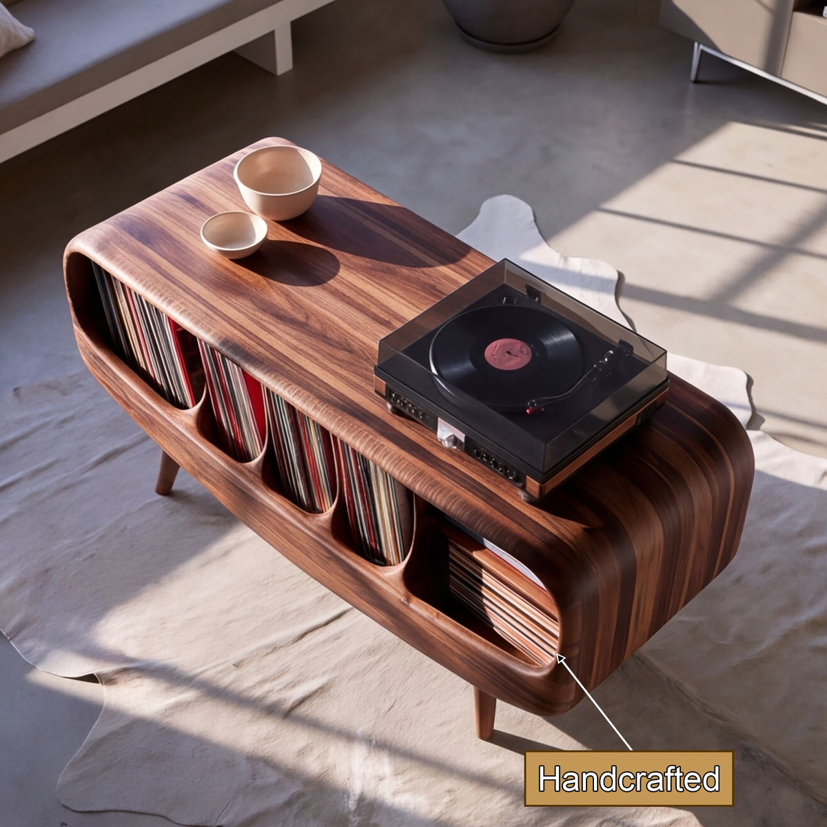 Elvarro Rounded Profile Handcrafted Record Player Stand With Storage - Timberustic Record Player Stand With Storage