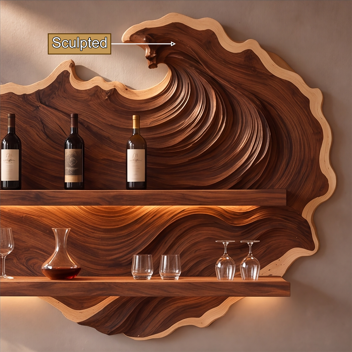 Marevyn Wave-Relief Handcrafted Floating Wine Shelf by Timberustic — product detail view 5