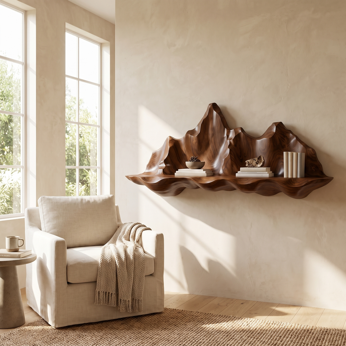Montavere Sculpted Mountain Landscape Handcrafted Floating Shelf Dark Walnut - Timberustic Floating Shelf
