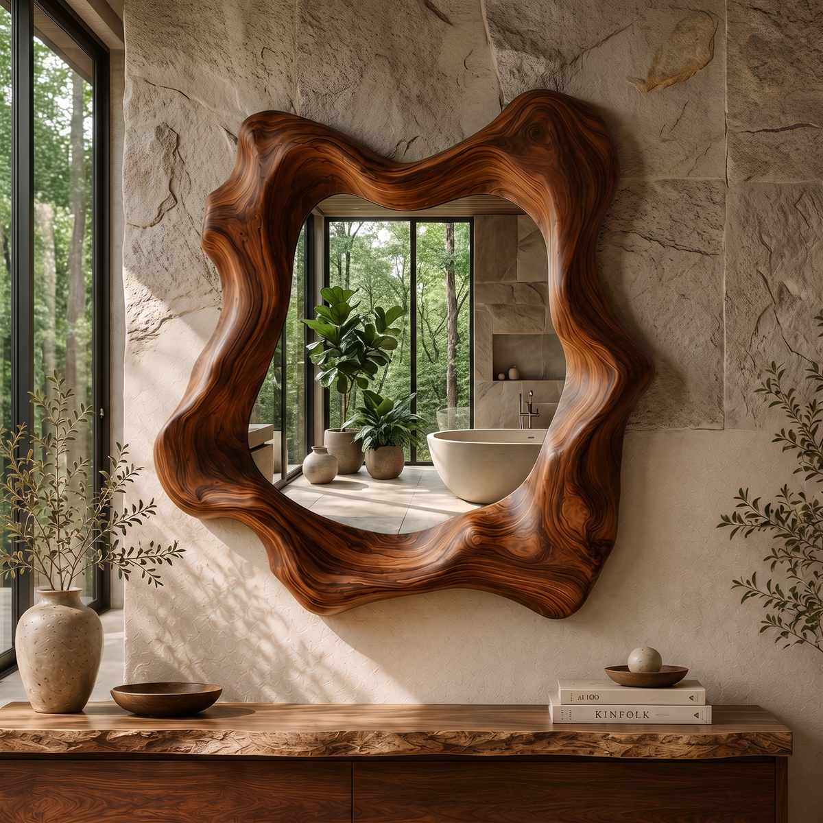 Narevyn Flowing Contour Handcrafted Mirror Frame by Timberustic — Brown finish