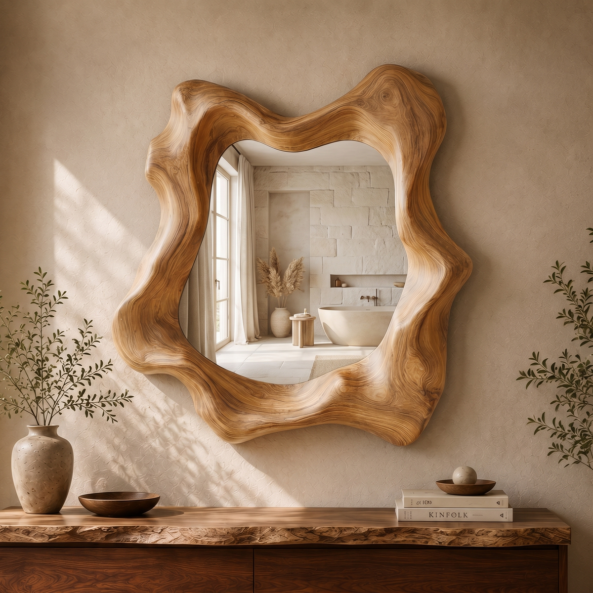 Narevyn Flowing Contour Handcrafted Mirror Frame by Timberustic — Natural Oak finish