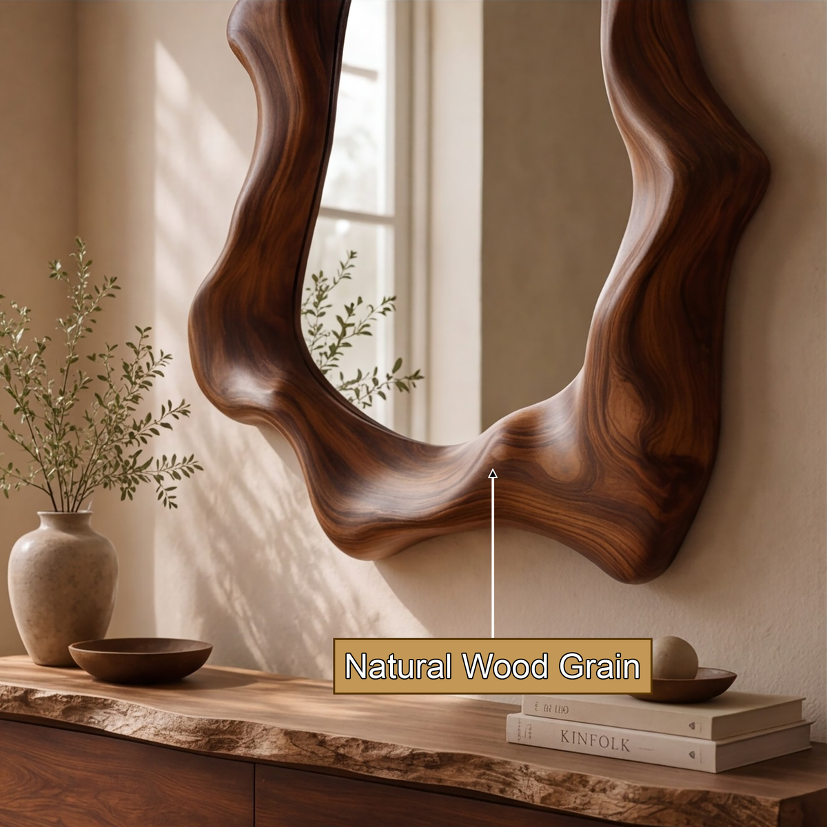 Narevyn Flowing Contour Handcrafted Mirror Frame by Timberustic — natural wood grain detail