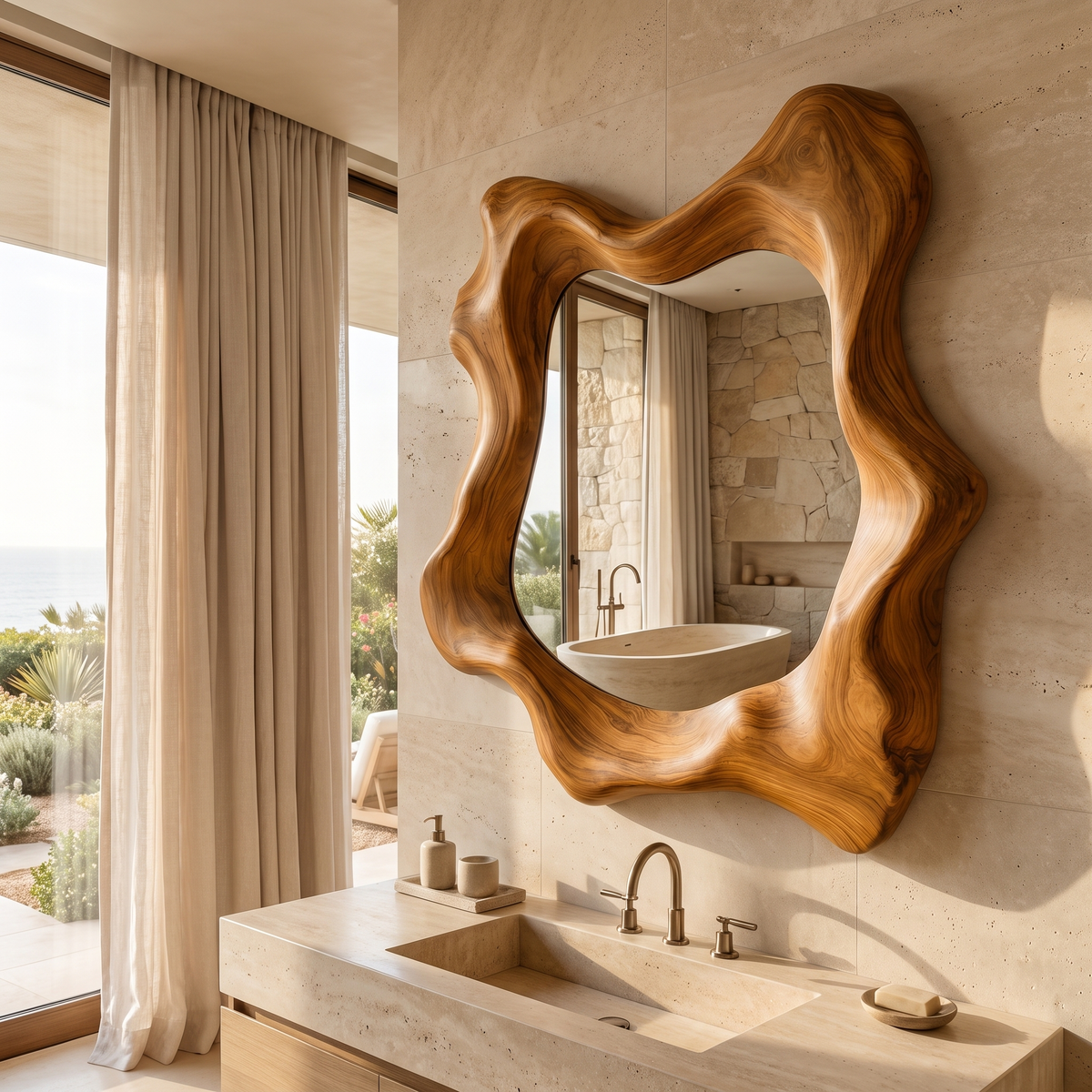 Narevyn Flowing Contour Handcrafted Mirror Frame by Timberustic — Teak finish