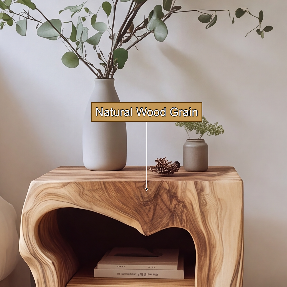 Noradrin Sculpted Hollow Form Handcrafted Bedside Table by Timberustic — natural wood grain detail