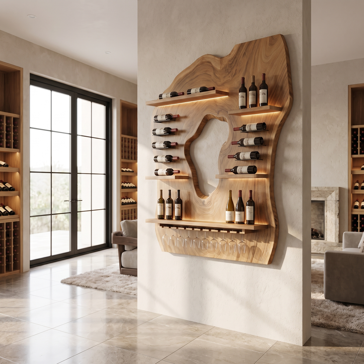 Noralora Asymmetrical Panel Handcrafted Floating Wine Shelf by Timberustic — Natural Oak finish