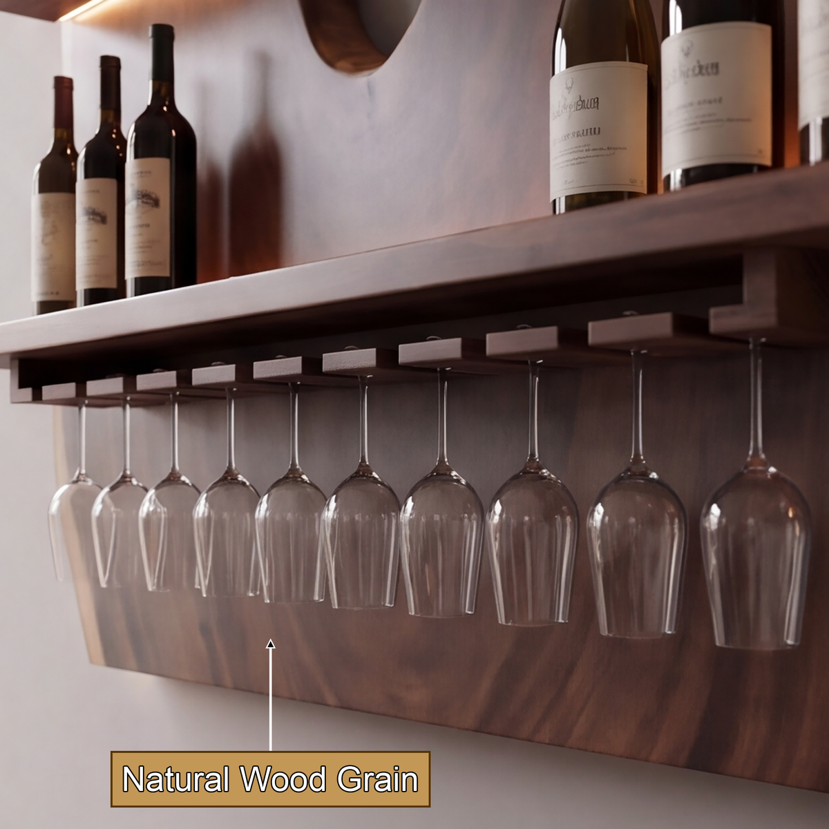 Noralora Asymmetrical Panel Handcrafted Floating Wine Shelf by Timberustic — natural wood grain detail
